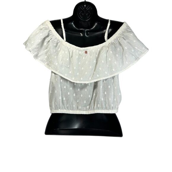 VOLCOM Winding Roads Cami Crop Tank Top Sz L White Polka Dot Off Shoulder Ruffle - Picture 11 of 16